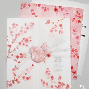 Moderne Einladungskarte Kirschblüte, Hochzeit, Hochzeitskarte mit Transparentpapier und Wachssiegel, Fensterfalz, Aufklappbar, Einlegekarten