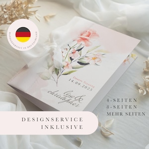 Aquarell Kirchenheft 4-/8-Seitig, Designservice inkl., personalisiert, Begleitheft Rose Eukalyptus, Büttenpapier, Hochzeitskarte, Din A5