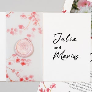 Moderne Danksagungs-Karte Kirschblüte, Hochzeit, Hochzeitskarte mit Transparentpapier Banderole, Wachssiegel, aufklappbar, Danke, Watercolor