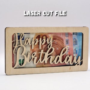 Lasergesneden bestand Veelzijdige "Happy Birthday" geldgeschenkdoos in SVG-, DXF- en .AI-formaten