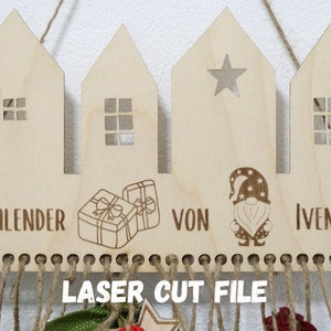 Laserdatei Personalisierbarer Adventskalender mit Häusermotiv. Vorfreude auf Weihnachten für Kinder als Download Datei in SVG, DXF und .ai