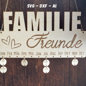 Personalisierbarer Familienkalender als Laser Cut File in den Formaten SVG, DXF und .ai