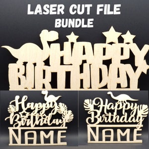 Pacote personalizável de feliz aniversário Dino com corte a laser (SVG, DXF, AI)