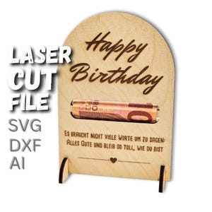 Laser Cut File – Happy Birthday Aufsteller mit Gravur als Geldgeschenk in den Formaten SVG, DXF und AI