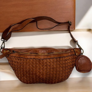 Geflochtene Ledertasche, butterweiches Premium Leder, Crossbody Bag,Bauchtasche, Umhängetasche mit Portemonnaie, gewebte Tasche,Cognac Braun
