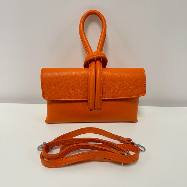 Leder Umhängetasche Damen, Handgefertigt Italienisches Leder, Handtasche Leder,Clutch, Tasche mit Knoten, Ledertasche, Crossbody bag, Orange