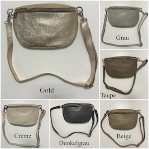 May include: A set of ten leather fanny packs in various colors, including gold, gray, taupe, creme, dark gray, and beige. Each fanny pack has a zipper closure and an adjustable strap.