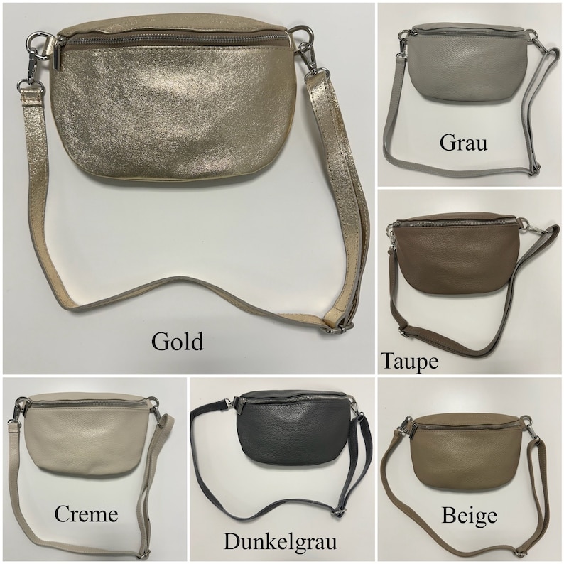 May include: A set of ten leather fanny packs in various colors, including gold, gray, taupe, creme, dark gray, and beige. Each fanny pack has a zipper closure and an adjustable strap.