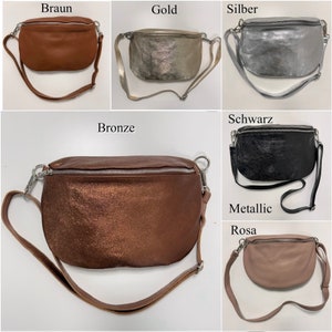 May include: A set of ten leather fanny packs in various colours, including brown, gold, silver, bronze, black, metallic, and pink. Each fanny pack has a zipper closure and a long adjustable strap.