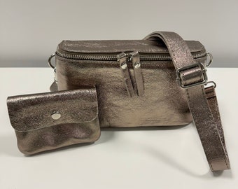 Damen Crossbody Bag, Crossbag Leder, Bauchtasche Bronze, Umhängetasche, Ledertasche,Leder Bauchtasche, Gürteltaschen, Mini Geldbörse, Set