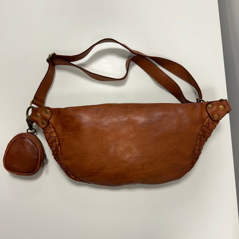 Borsa in pelle intrecciata, morbida pelle premium burrosa, borsa a tracolla, marsupio, borsa a tracolla con portafoglio, borsa intrecciata, marrone cognac immagine 4