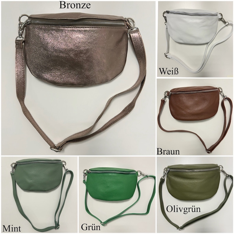 May include: A set of ten leather fanny packs in various colors, including bronze, white, brown, mint, green, and olive green. Each fanny pack has a zipper closure and an adjustable strap.