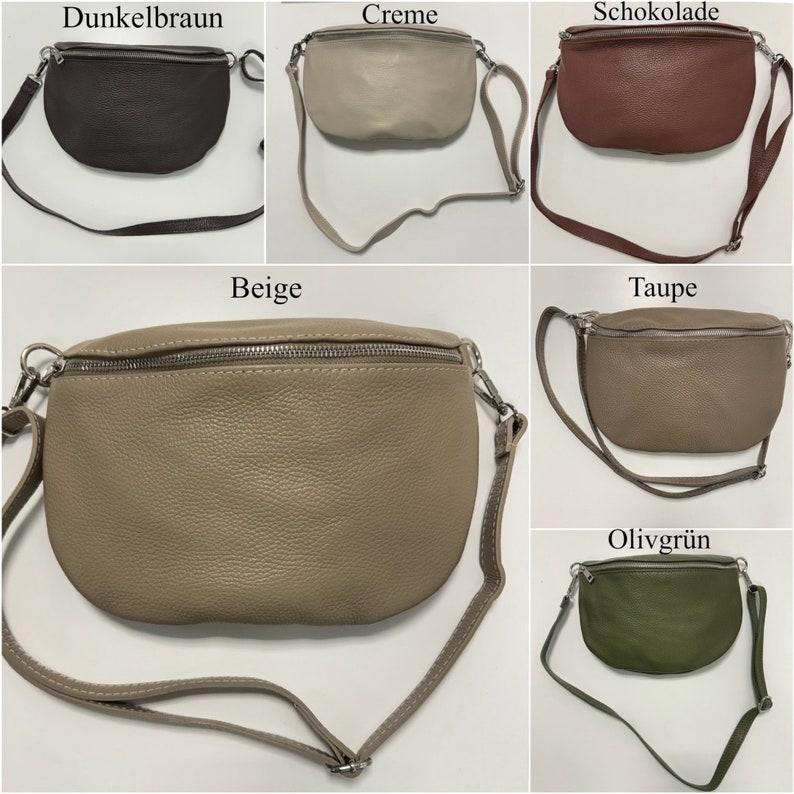 May include: Five different coloured leather fanny packs with a zipper closure. The colours are dark brown, cream, brown, beige, and olive green.