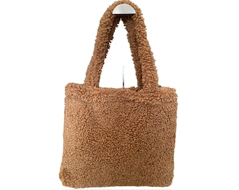 Teddy fur plush shoulder bag fur bag shopper bucket bag lambskin look in boho style XL, gift for her winter bag, tote bag