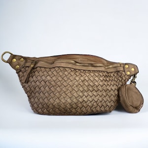 Sac en cuir tressé, cuir haut de gamme doux au beurre, sac crossbody, sac banane, sac à bandoulière avec portefeuille, sac tissé, taupe