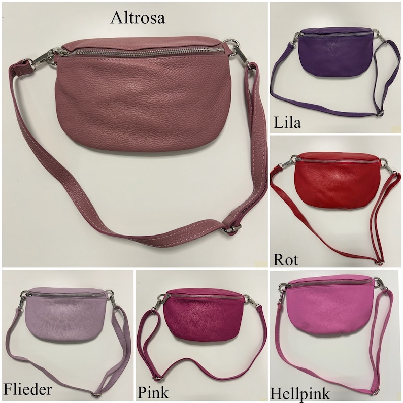 May include: Five different colored leather fanny packs with silver zippers and adjustable straps. The colors are pink, purple, red, light purple, and hot pink. The text on the image reads "Altrose", "Lila", "Rot", "Flieder", and "Hellpink".