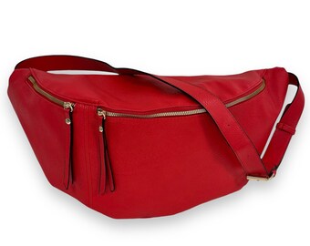 XXL Crossbody Bag VEGAN, Crossbody Tasche, Umhängetasche,Slingbag,Bauchtasche mit goldenem Reißverschluss , Rot