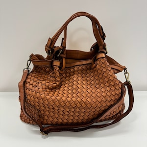 Geflochtene Handtasche, Tasche geflochten, geflochtene Ledertasche, Tote Bag, Hobo Bag, Schultertasche,Shopper, Lederhandtasche,Cognac Braun
