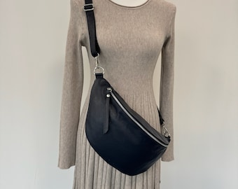 Large fanny pack, large shoulder bag, XL crossbody bag, belt bag, large bag, women's leather bag, XL bag, gift, dark blue