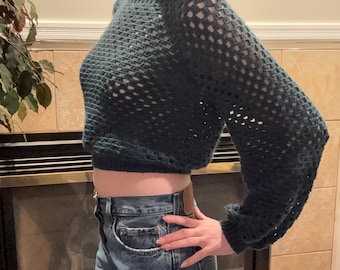 Medium Cropped Pullover Sweater, Crocheted Top, Y2K
