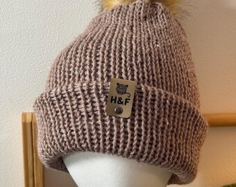 Tan Winter Knit Hat With Brown Pom | Adult Size