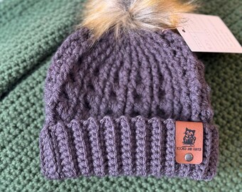 Winter Baby Hat Gray w/ Brown Pom