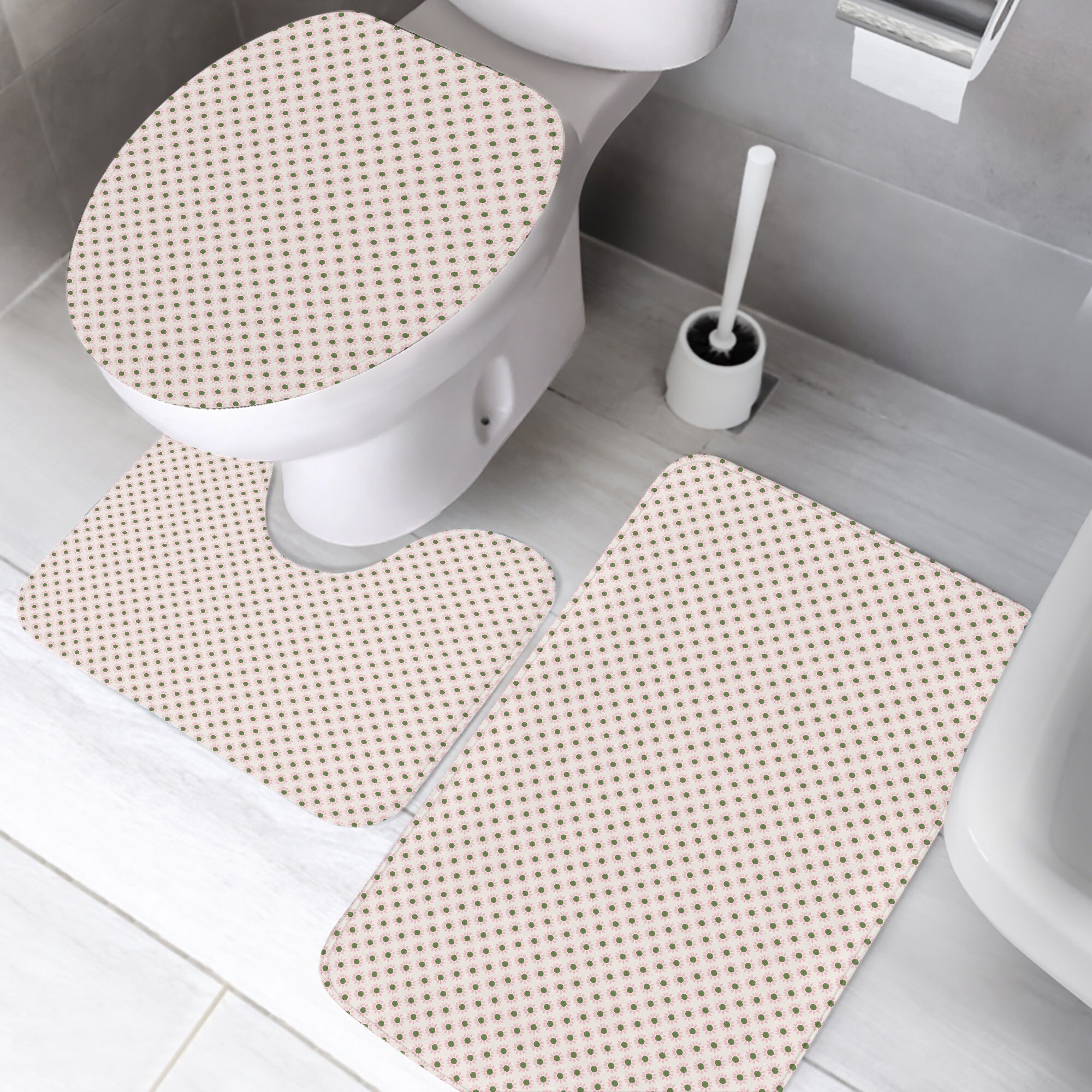 Polka Dot Print Bathroom Mat Set, Crystal Velvet Toilet Rug Set