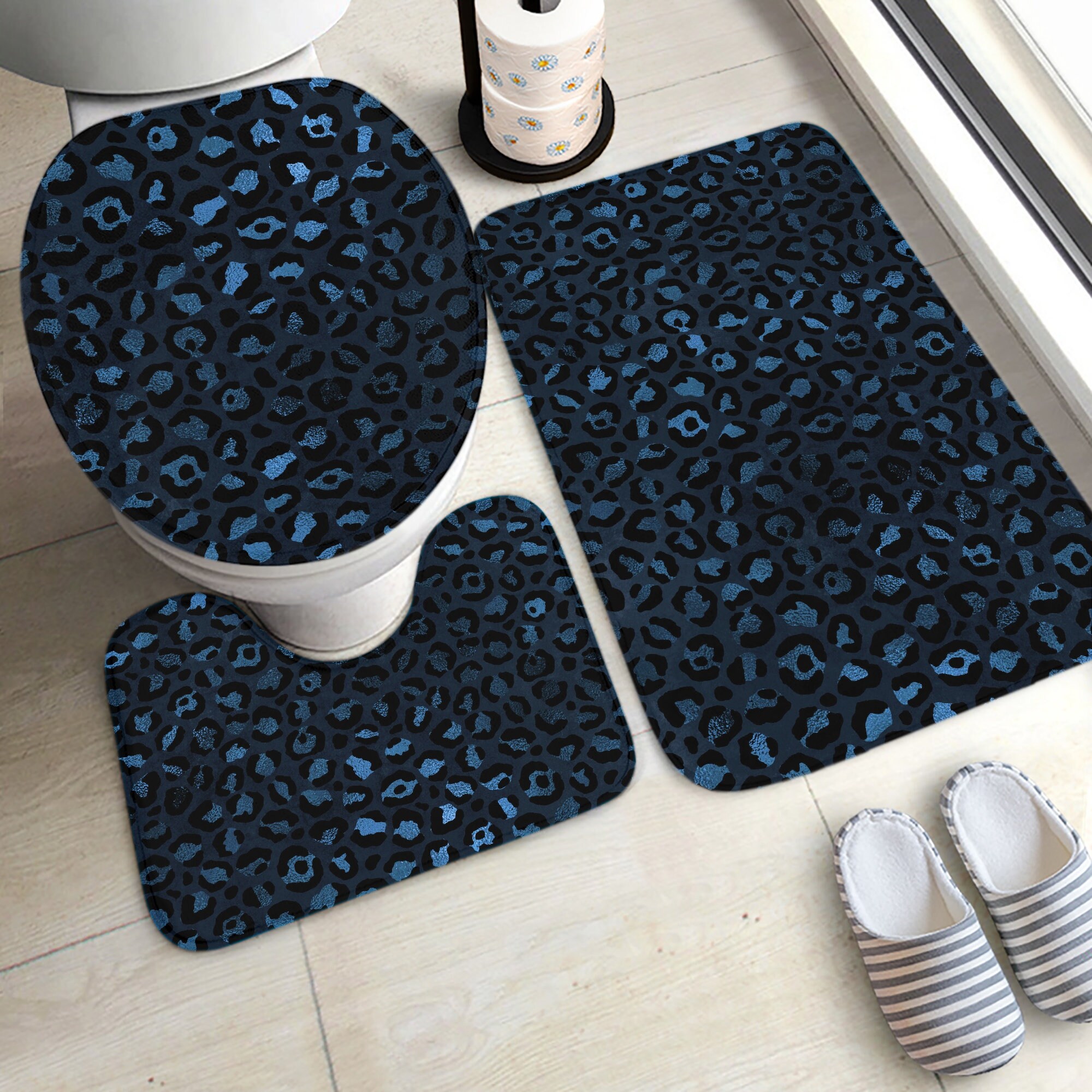 Leopard Print Bathroom Mat Set, Crystal Velvet Toilet Rug Set