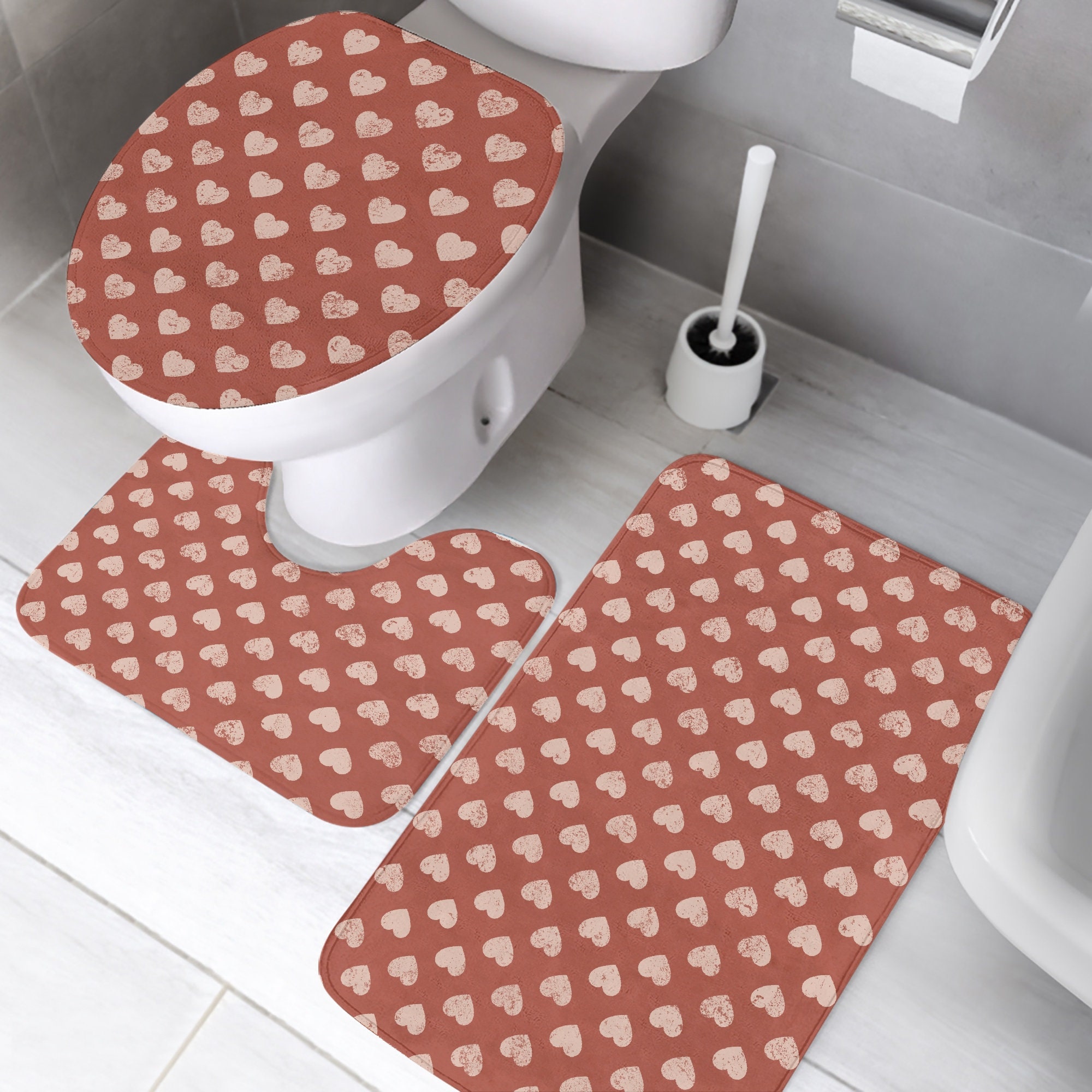 Heart Print Bathroom Mat Set, Crystal Velvet Toilet Rug Set