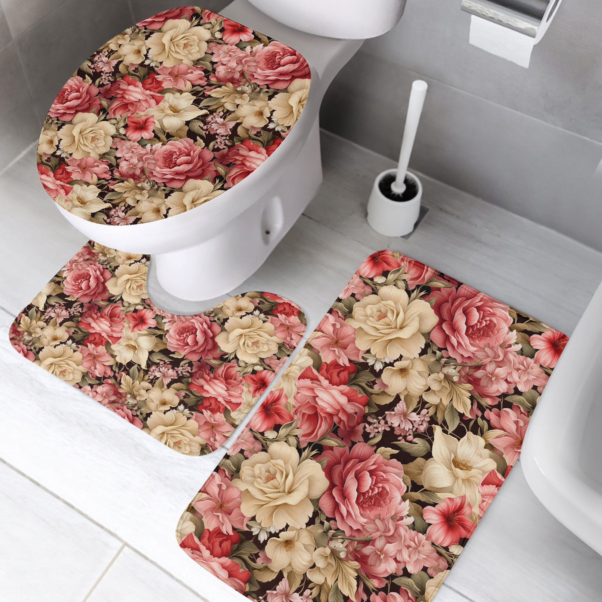 Rose Print Bathroom Mat Set, Crystal Velvet Toilet Rug Set