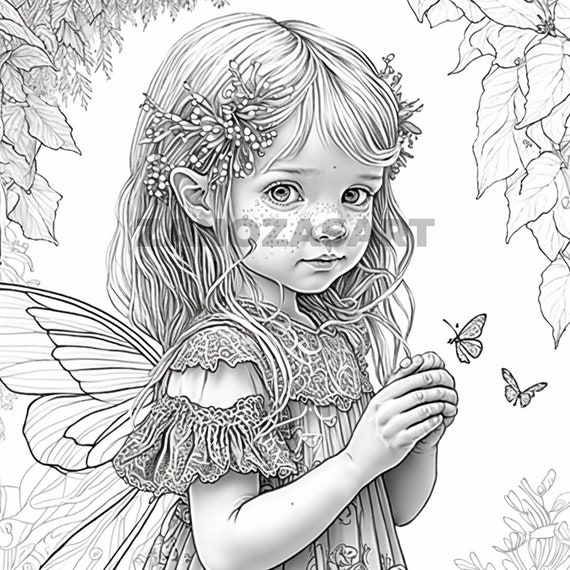 Grayscale little fairy girl coloring page, printable coloring book page,  Grayscale coloring pages for kids and adults (AI generated image)