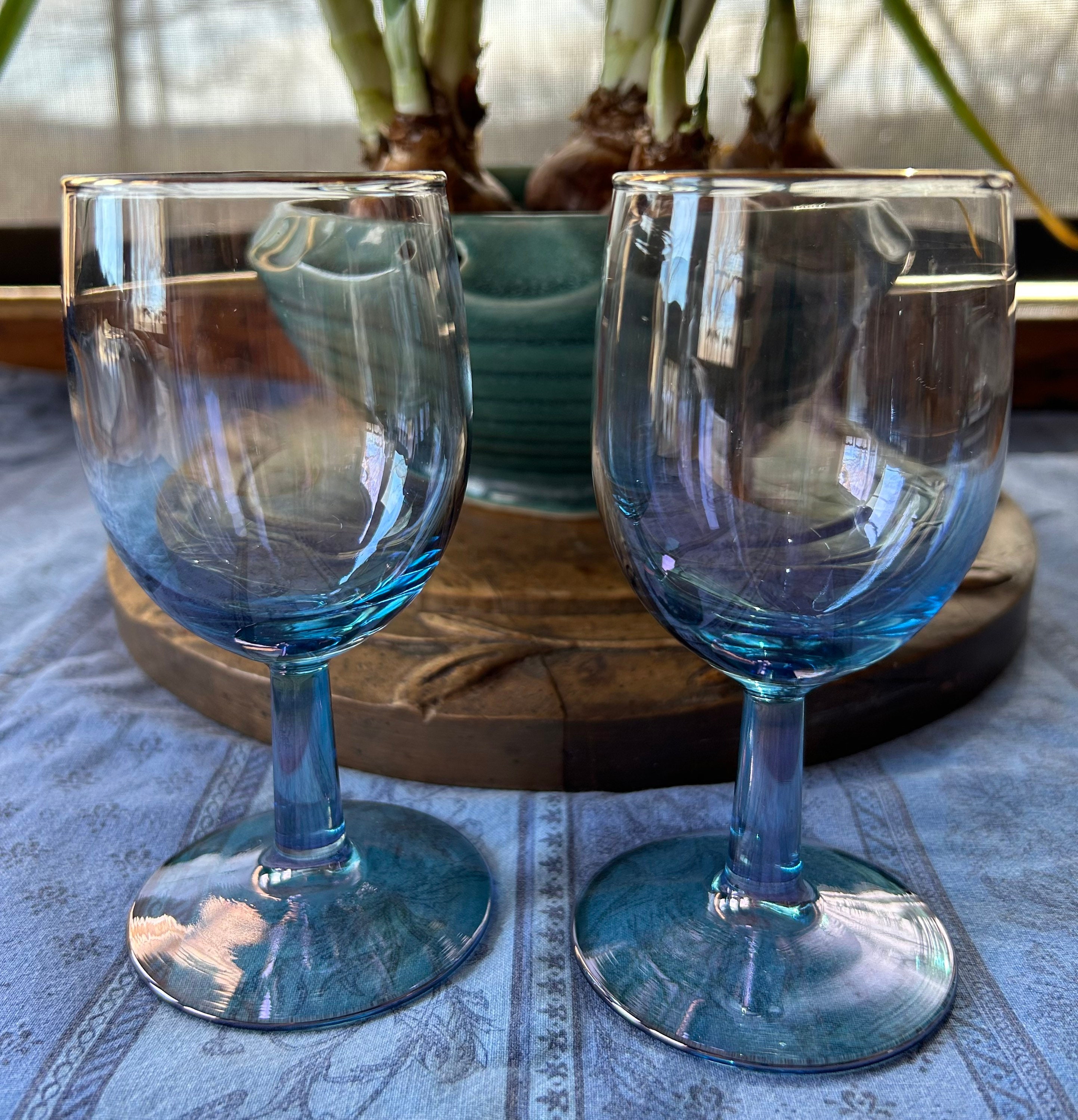 Set of 6 Hand Blown Glass Cups With Blue Lines