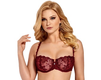 Women sexy deep red sheer soft floral lace balconette bra Wiesmann 34 ( 75 ) E