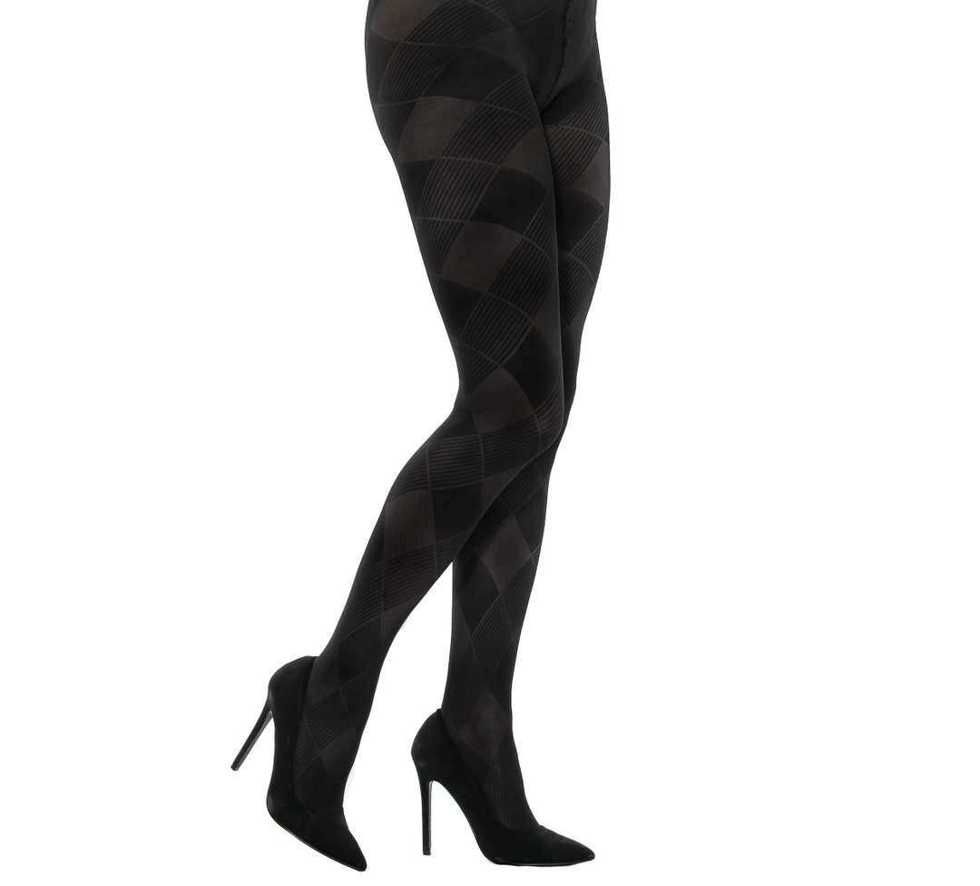 Black Opaque Checkered Pattern Tights 60 Den Brigitte Etsy