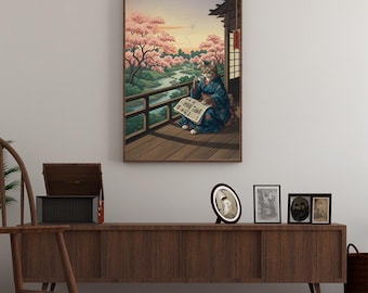 Japanese Style Cat Art | Kimono Cat Reading Newspaper with Sakura Landscape