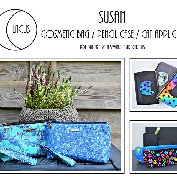 Susan Cosmetic Bag / Pencil Case / Cat Applique  - PDF Digital Sewing Pattern With Instructions - Lacus