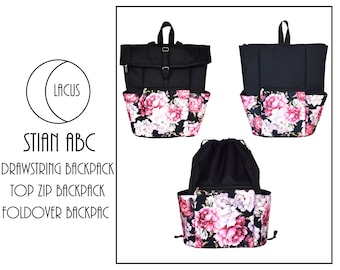 Stian Backpacks - Drawstring / Top Zip / Foldover - PDF Digital Sewing Pattern With Instructions - Lacus