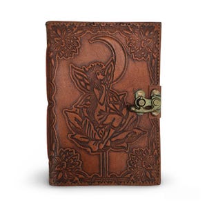 Handmade Leather Journal Embossed Fairy and Moon Design, Vintage Diary with Lock, Boho Sketchbook, Gift for Writers