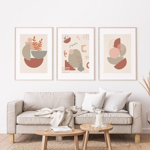 Conjunto de impresión abstracta boho estética, arte moderno geométrico neutro de 3 impresiones, arte de pared  planta de estilo minimalista.