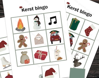 May include: Two sheets of Christmas-themed bingo cards with the title "Kerst bingo". Each card features festive illustrations like a snowman, gingerbread man, and wrapped gifts. The cards are printed on white paper.