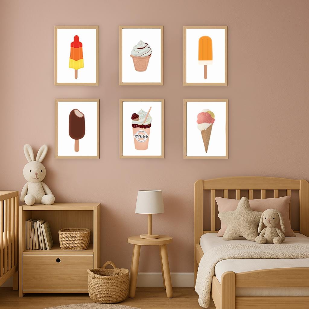 Affiches de glaces - Décoration murale sur le thème des glaces - Glace fusée, glace au chocolat, milkshake, cornet de glace, bâtonnet glacé - Chambre