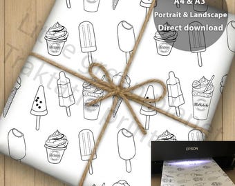 Zomer inpakpapier IJsjes printable – Zwart‑wit cadeaupapier – A4 & A3 – Staand en Liggend – Direct Printbaar - Direct download