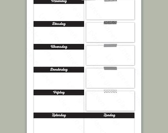 May include: A black and white weekly planner with the word "Week planner" at the top. The days of the week are listed in Dutch. Each day has a rectangular box for notes, with decorative tape accents.