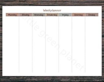 May include: A white weekly planner with a brown and tan header. The days of the week are listed across the top in Dutch. The planner has vertical lines for each day, perfect for scheduling and organization.