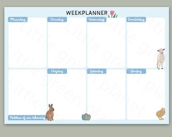 May include: A light blue weekly planner with a pastel floral design. The planner has seven sections for each day of the week, with the days labeled in Dutch. Each section has a space for notes or a drawing, and each day features a different animal illustration: a lamb, a rabbit, Easter eggs, and a chick.