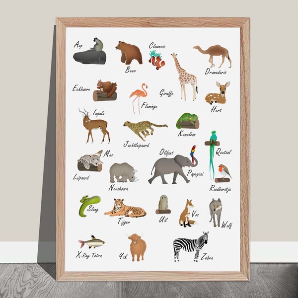 Dieren alfabet poster Nederlands - Alfabet poster dieren – PDF printable - Alfabet poster kinderkamer - Poster printable