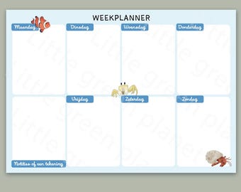 May include: A blue and white weekly planner with a cartoon clownfish, crab, and hermit crab. The planner has spaces for each day of the week: Monday, Tuesday, Wednesday, Thursday, Friday, Saturday, and Sunday. The planner also has a space for notes or a drawing.