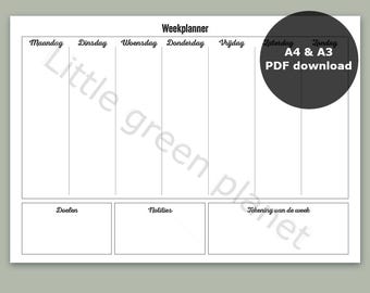 May include: A white weekly planner template with black text and lines. The header reads Weekplanner, followed by columns for Maandag through Zondag. Below are three sections labeled Doelen, Notities, and Tekening van de week. A black circle states A4 & A3 PDF download.