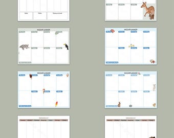 May include: A collection of eight weekly planner sheets. Each sheet features a grid layout with days of the week across the top and space for notes. Some planners have animal illustrations, including a deer, toucan, and bear. The text "Weekplanner" is at the top.