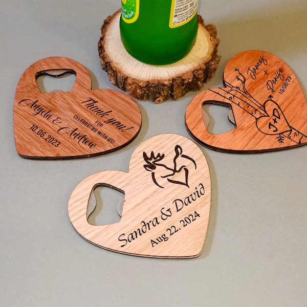 Personalized Heart Shaped Metal Bottle Opener with Wood Veneer | Wedding Favor | Groomsmen Gift | Baby Shower Gift | Wedding Gift for Guests